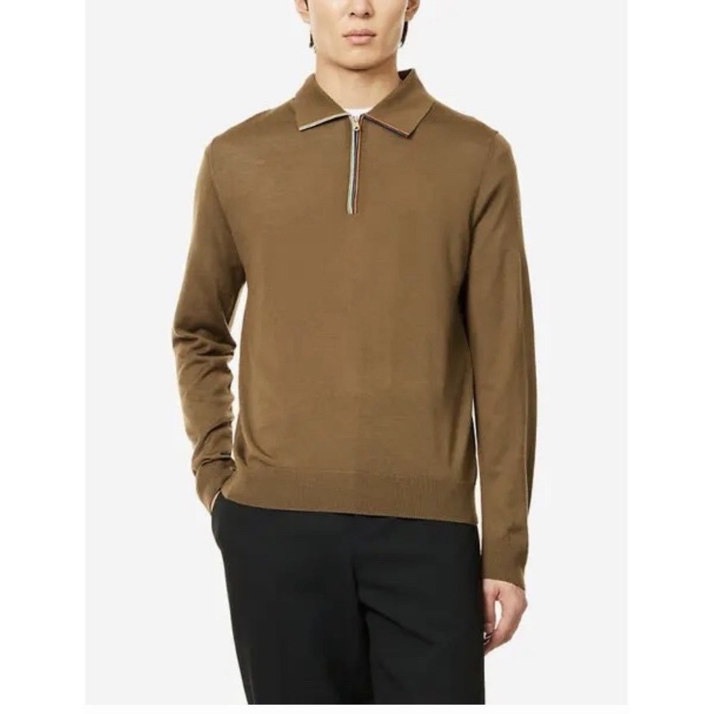 Paul‎ Smith 1/4 Zip Pullover Polo Sweater Men Large Brown Merino Wool NWOT $385